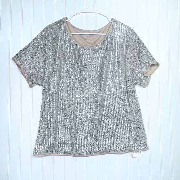 Sequin Tops Sparkly Glitter Blouse Sequined Short Sleeve Shirt Size L NWT - Picture 15 of 15